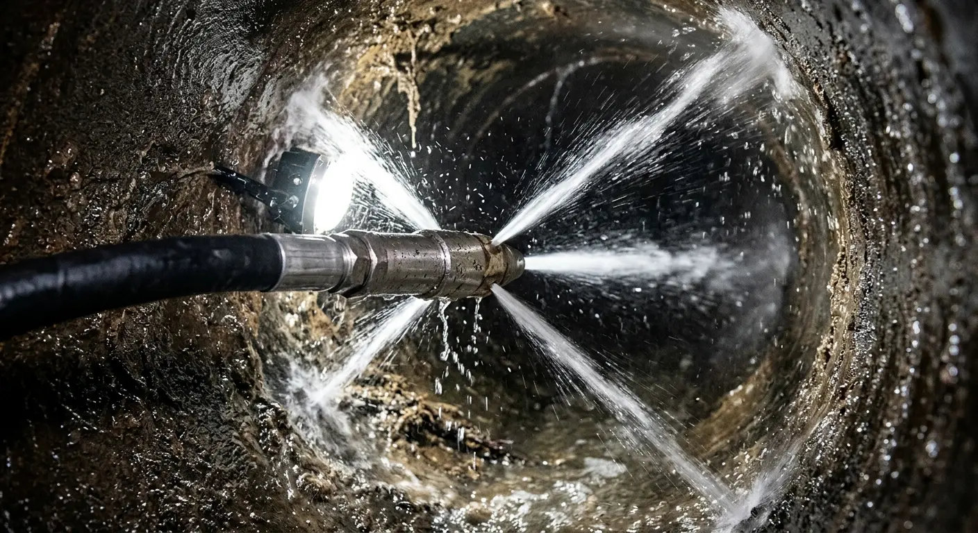 High-pressure hydro jetting nozzle cleaning sewer pipe for Trenchless Sewer Repair in Olivette