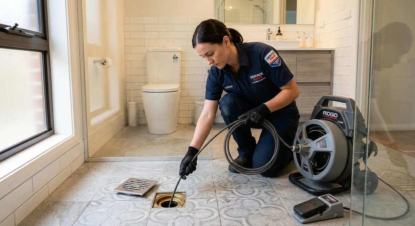 Technician clearing a bathroom floor drain for Clogged Drain Repair in Olivette